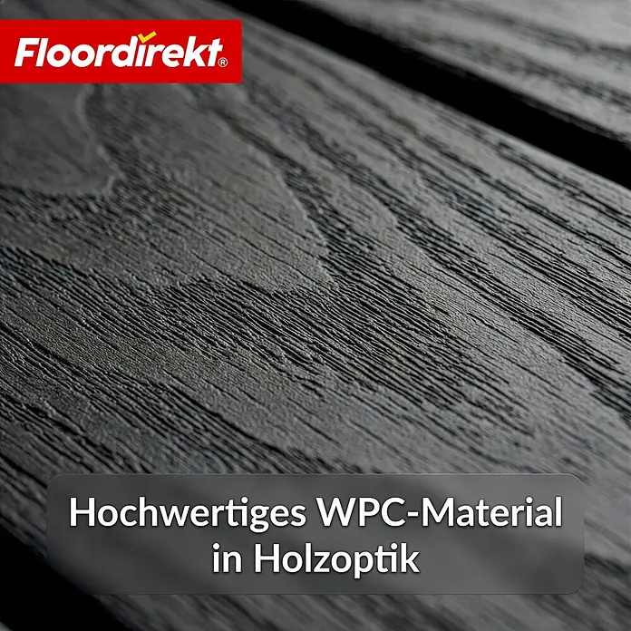 Floordirekt Klickfliese Noble 3D - 30 x 30 cm - 11er Set - 1 m² - Moderne Terrassenfliese - Schwarz - WPC, 11 Stk. - Nahaufnahme eines dunkelgrauen WPC-Terrassenbretts mit realistischer Holzmaserung.