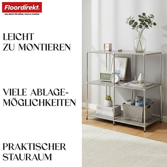 Floordirekt Metallregal Concept Epure MK-027 Sideboard 78 x 40 x 82 cm Grau -  - Ein graues Metallregal mit sechs Fächern, dekoriert mit Büchern, Deko und Handtüchern im Korb, bietet vielseitigen Stauraum.