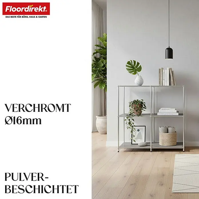Floordirekt Metallregal Concept Epure MK-027 Sideboard 78 x 40 x 82 cm Grau -  - Verchromtes und pulverbeschichtetes Metallregal mit grauen Ablagen, dekoriert mit Pflanzen und Büchern.