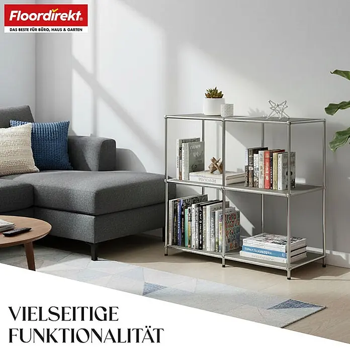 Floordirekt Metallregal Concept Epure MK-027 Sideboard 78 x 40 x 82 cm Grau -  - Silbernes Metallwürfelregal mit Büchern, neben einem Sofa in einem modernen Wohnraum genutzt.