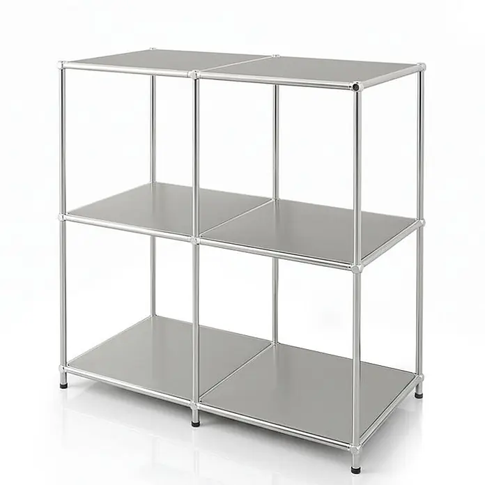 Floordirekt Metallregal Concept Epure MK-027 Sideboard 78 x 40 x 82 cm Grau -  - Silberfarbenes modulares Regal mit zwei Reihen und zwei Spalten, matten grauen Böden und einem Metallrohrrahmen.