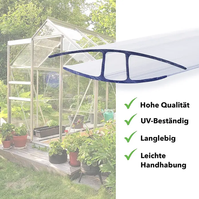 Floordirekt Verbinder Doppelstegplatten H-Profil 121 cm 4 mm -  - Transparente H-Profil-Verbindung für Gewächshausplatten, im Kontext mit einem Gewächshaus dargestellt.