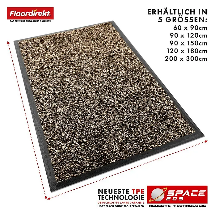 Floordirekt Fußmatte Space 205 - Rutschfeste Türmatte - Ocker - 90 x 150 cm - Beige, Material Nutzschicht: Polypropylen - Rechteckige gesprenkelte braun-schwarze Schmutzfangmatte mit schwarzem Rand.