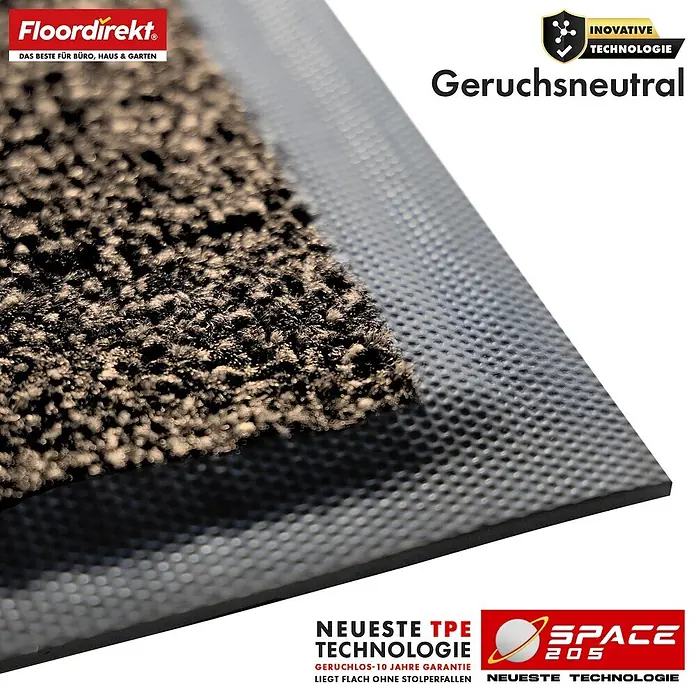 Floordirekt Fußmatte Space 205 - Rutschfeste Türmatte - Ocker - 60 x 90 cm - Beige, Material Nutzschicht: Polypropylen - Nahaufnahme einer dunklen, geruchsneutralen Fußmatte mit strukturierter Oberfläche und grauer TPE-Rückseite für einen flachen, stolperfreien Halt.