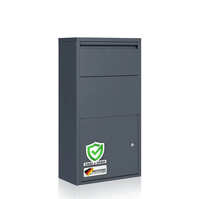 Floordirekt Paketbox Clement mit Klappsystem und Schloss - Anthrazit, Stahl, Paketfach - Dunkelgrauer Metall-Paketbriefkasten mit mehreren Fächern und sicherem Schloss. Stabil und sicher für Post und Pakete.