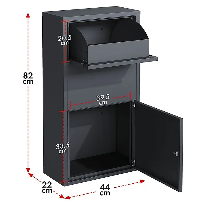 Floordirekt Paketbox Clement mit Klappsystem und Schloss - Anthrazit, Stahl, Paketfach - Dunkelgrauer Paketkasten mit oberem Briefschlitz und unterem offenem Fach. Maße sichtbar.