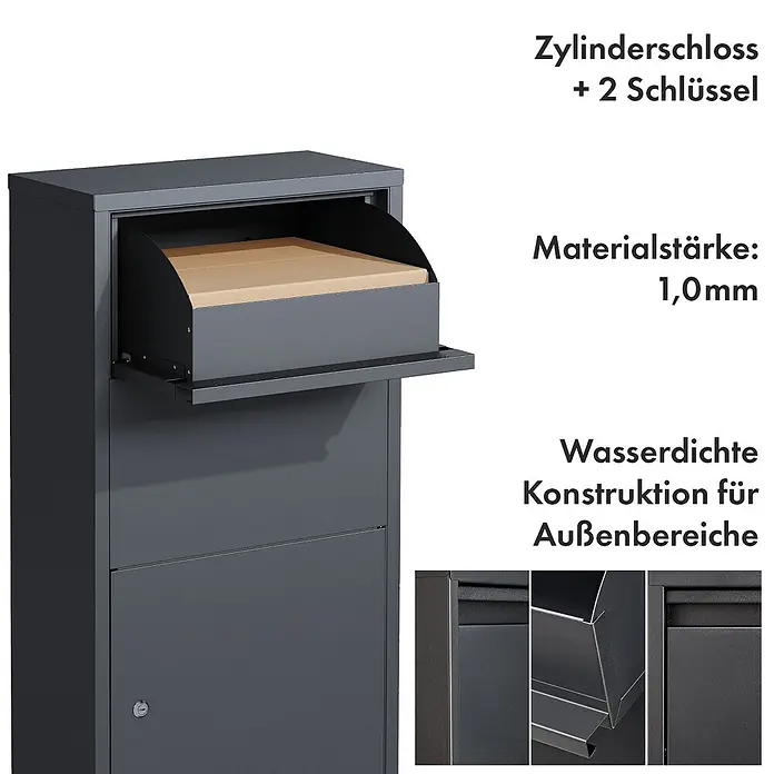 Floordirekt Paketbox Clement mit Klappsystem und Schloss - Anthrazit, Stahl, Paketfach - Dunkelgrauer Paketbriefkasten mit Zylinderschloss und wasserdichter Konstruktion für den Außenbereich.