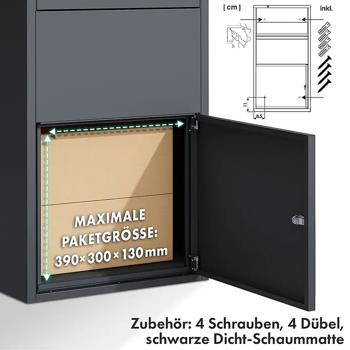 Floordirekt Paketbox Clement mit Klappsystem und Schloss - Anthrazit, Stahl, Paketfach - Dunkelgrauer Paketkasten mit offener Klappe, der maximale Paketgröße (390x300x130mm) anzeigt. Mit Montagezubehör.
