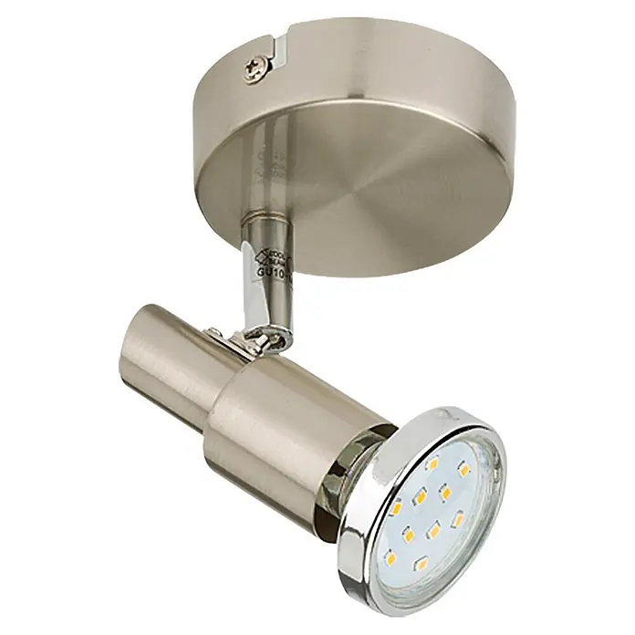 Tween Light LED-Deckenstrahler - 3 W, L x B x H: 95 x 80 x 105 mm, Nickel matt - Nahaufnahme eines runden LED-Deckenspots mit gebürstetem Nickel-Finish, der ein warmes Licht ausstrahlt und eine moderne Beleuchtungslösung darstellt.