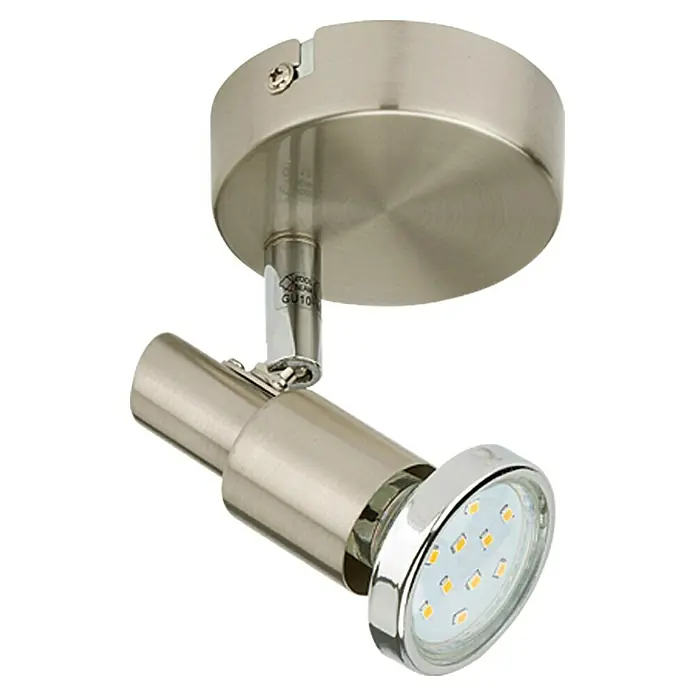 Tween Light LED-Deckenstrahler - 3 W, L x B x H: 95 x 80 x 105 mm, Nickel matt - Nahaufnahme eines runden LED-Deckenspots mit gebürstetem Nickel-Finish, der ein warmes Licht ausstrahlt und eine moderne Beleuchtungslösung darstellt.