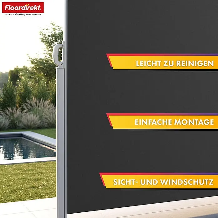 Floordirekt Alu-Seitenmarkise Anthrazit 200 x 350 cm -  - Dunkelgraue Seitenmarkise als Sicht- und Windschutz neben einem Gartenpool, mit Hinweisen zu einfacher Reinigung und Montage.