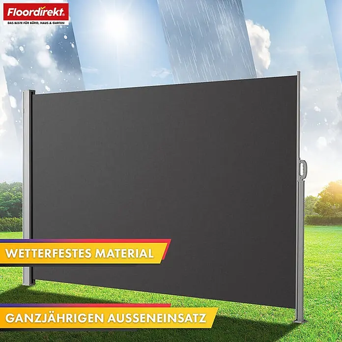Floordirekt Alu-Seitenmarkise Anthrazit 200 x 350 cm -  - Dunkelgraue, wetterfeste Seitenmarkise für ganzjährigen Außeneinsatz auf einer Grünfläche.