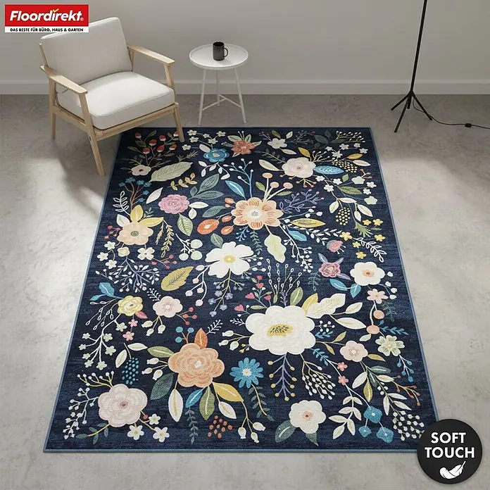 Floordirekt Kurzflorteppich Damaskus 160 x 230 cm - Blau - Dunkelblauer Teppich mit buntem Blumenmuster und Blättern.