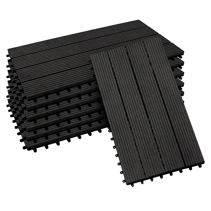 Floordirekt WPC-Klickfliese Royal Anthrazit 30 x 60 cm 6er-Set -  - Stapel dunkelgrauer, ineinandergreifender Terrassenfliesen aus Verbundwerkstoff mit geriffelter Oberfläche.
