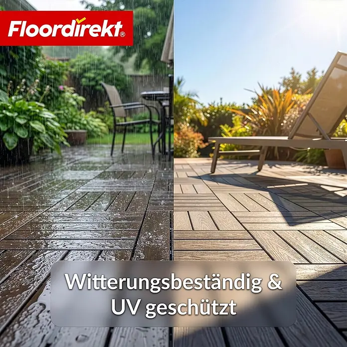 Floordirekt WPC-Terrassenfliese Noble 3D Braun 30 x 30 cm 11er-Set -  - Floordirekt Terrassenfliesen, wetterbeständig und UV-geschützt, auf einer Außenterrasse im Regen und Sonnenschein.