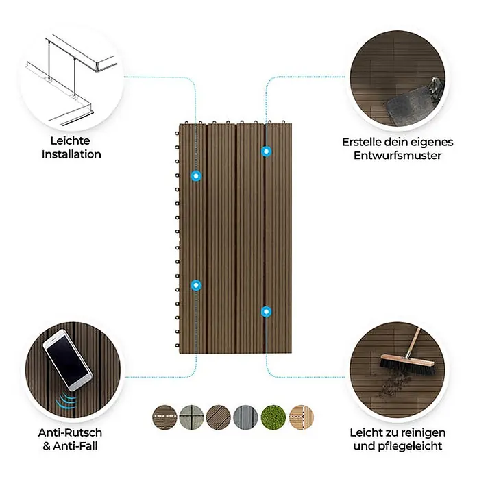 Floordirekt WPC-Klickfliese Royal Dunkelbraun 30 x 60 cm -  - Modulare braune WPC-Terrassenfliesen mit geriffelter Oberfläche, einfach zu installieren, anpassbar, rutschfest und pflegeleicht.