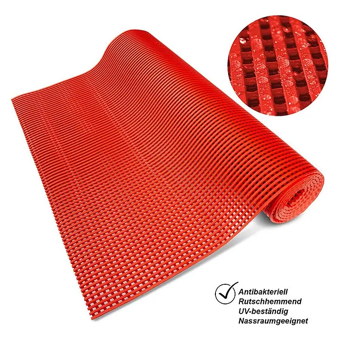 Floordirekt Antirutschmatte Adria - Arbeitsplatzmatte für Nasszonen - Rot - 120 x 100 cm -  - Rote, rutschfeste Ablaufmatte, teilweise gerollt, für Nassbereiche.