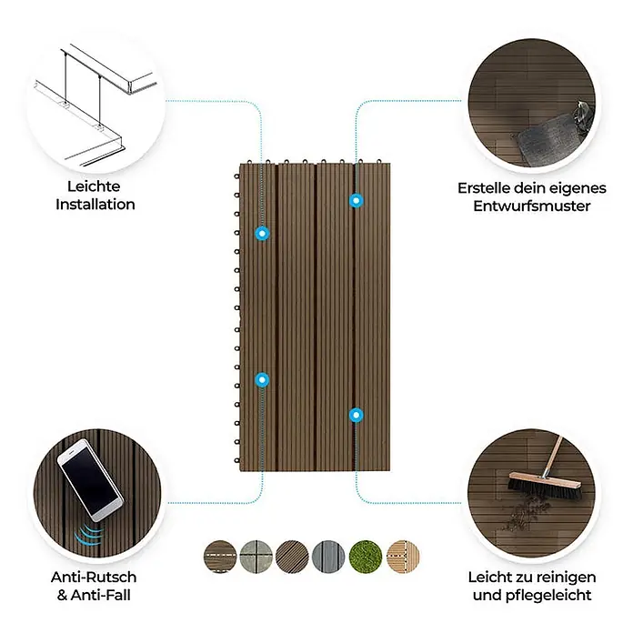 Floordirekt WPC-Klickfliese Royal Dunkelbraun 30 x 60 cm 6er-Set -  - Modulare braune WPC-Terrassenfliesen mit einfacher Installation, anpassbaren Mustern, rutschfester Oberfläche und leichter Reinigung.