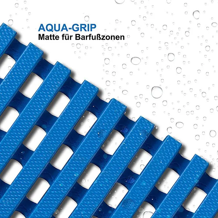Floordirekt Antirutschmatte Adria - Arbeitsplatzmatte für Nasszonen - Blau - 120 x 800 cm -  - Blaue Aqua-Grip-Matte mit offener Gitterstruktur und Wassertropfen, ideal für Barfuß-Nasszonen.
