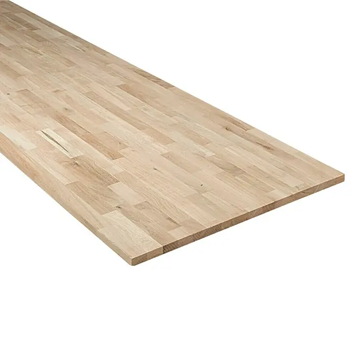 Exclusivholz Arbeitsplatte - Eiche, 400 x 80 x 3,8 cm - Die Abbildung zeigt eine helle, rechteckige Holzarbeitsplatte, die sich ideal für Küchen oder Werkstätten eignet. Die Platte hat eine glatte Oberfläche und ist robust.