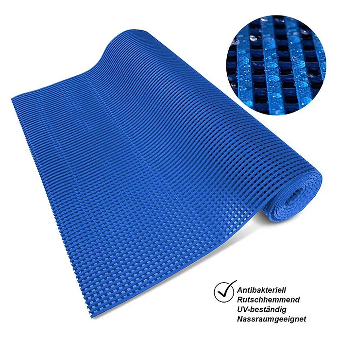 Floordirekt Antirutschmatte Adria - Arbeitsplatzmatte für Nasszonen - Blau - 120 x 800 cm -  - Blaue, gitterförmige Antirutschmatte, teilweise gerollt, ideal für Feuchträume.