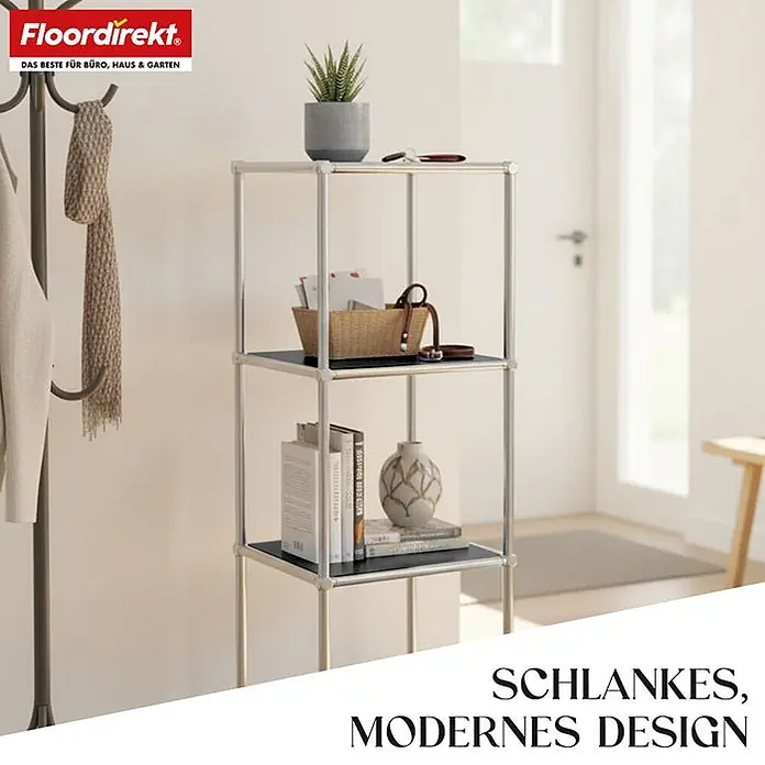 Floordirekt Metallregal Concept Epure MK-005 Schwarz 30 x 30 x 89 cm -  - Dreistöckiges modulares Regal mit silbernem Rahmen und schwarzen Ablagen, vielseitig für Dekoration und Aufbewahrung.