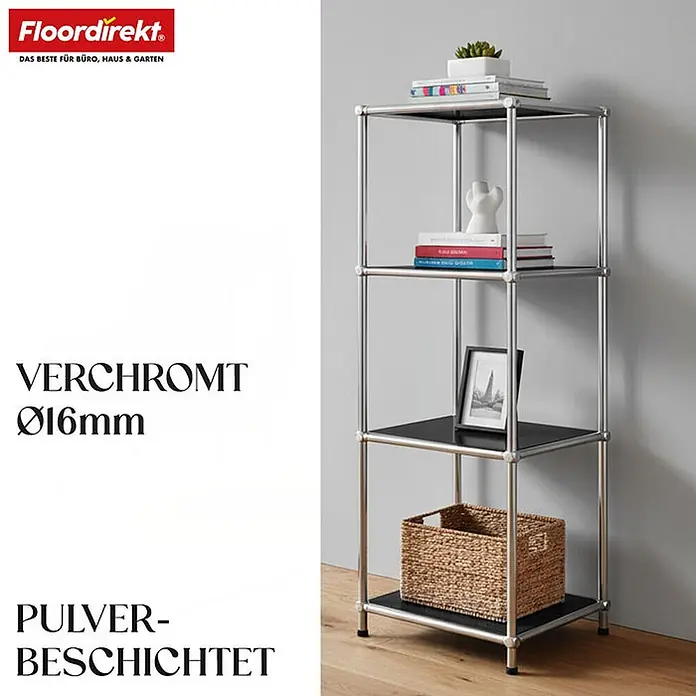 Floordirekt Metallregal Concept Epure MK-005 Schwarz 30 x 30 x 89 cm -  - Verchromtes Regal mit 16mm starken Rohren und pulverbeschichteten schwarzen Böden.