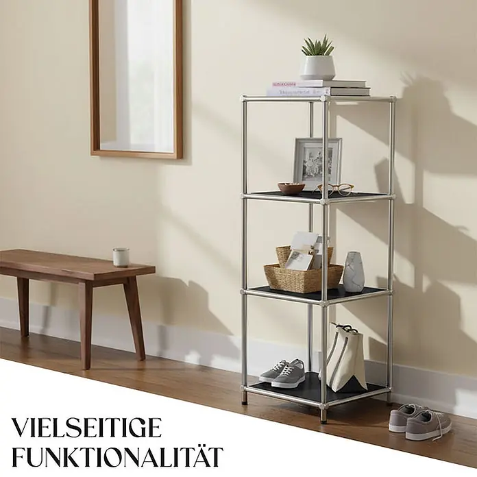 Floordirekt Metallregal Concept Epure MK-005 Schwarz 30 x 30 x 89 cm -  - Silbernes, modulares Regal mit schwarzen Böden, für Schuhe und Dekoration im Eingangsbereich.