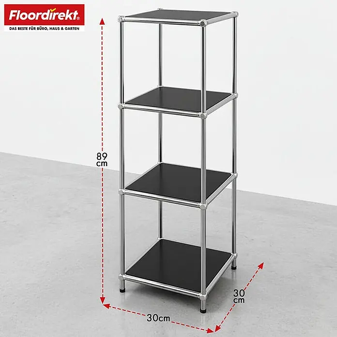 Floordirekt Metallregal Concept Epure MK-005 Schwarz 30 x 30 x 89 cm -  - Kompaktes 4-stöckiges Regal mit schwarzen Ablagen und Chromrahmen, 89x30x30 cm.