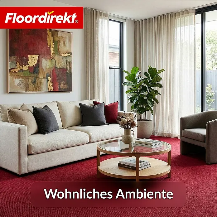 Floordirekt Teppichboden Meterware Malta - aus Nadelvlies - mit Schaumrücken - Dunkelrot - 200 x 100 cm - Nadelfilz, Polypropylen, Rot - Roter Teppich in gemütlicher Wohnzimmerumgebung.