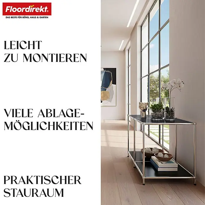 Floordirekt Metallregal Concept Epure MK-016 Schwarz 78 x 40 x 46 cm -  - Schwarz-verchromter zweistufiger Beistelltisch in einem modernen Flur, der einfache Montage und praktischen Stauraum bietet.