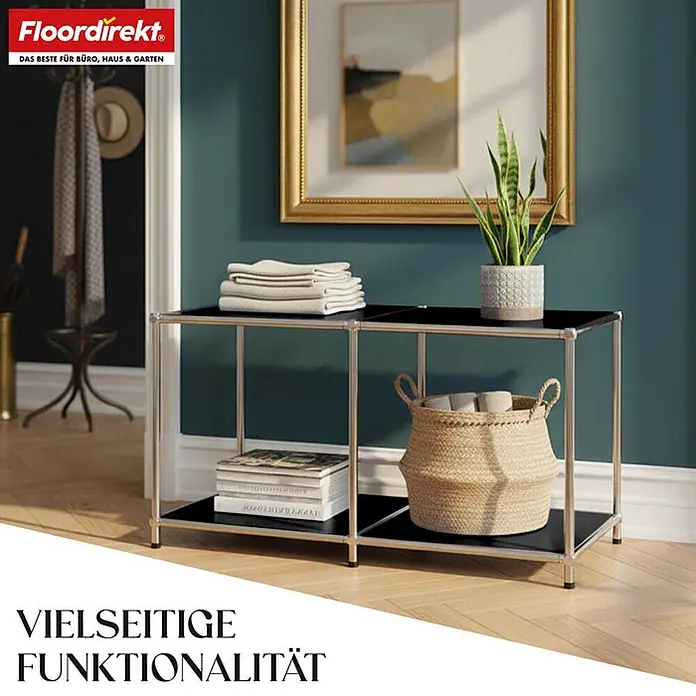 Floordirekt Metallregal Concept Epure MK-016 Schwarz 78 x 40 x 46 cm -  - Ein schwarzes und silbernes Metallregal mit zwei Ebenen, dekoriert mit Wohnaccessoires in einem modernen Raum.