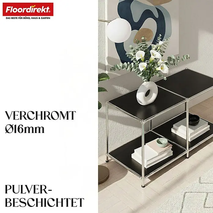 Floordirekt Metallregal Concept Epure MK-016 Schwarz 78 x 40 x 46 cm -  - Modernes Beistellregal mit verchromtem Ø16mm Rahmen und schwarzen, pulverbeschichteten Ablagen, dekoriert.