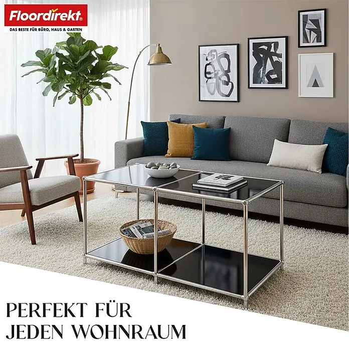 Floordirekt Metallregal Concept Epure MK-016 Schwarz 78 x 40 x 46 cm -  - Modularer Couchtisch mit schwarzen Platten und Chromgestellen, in einem modernen Wohnzimmer dargestellt.