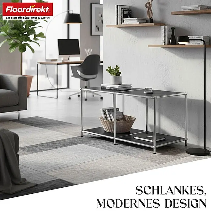 Floordirekt Metallregal Concept Epure MK-016 Schwarz 78 x 40 x 46 cm -  - Geometrischer Teppich in Grau- und Weißtönen in einem modernen Wohn- und Bürobereich.