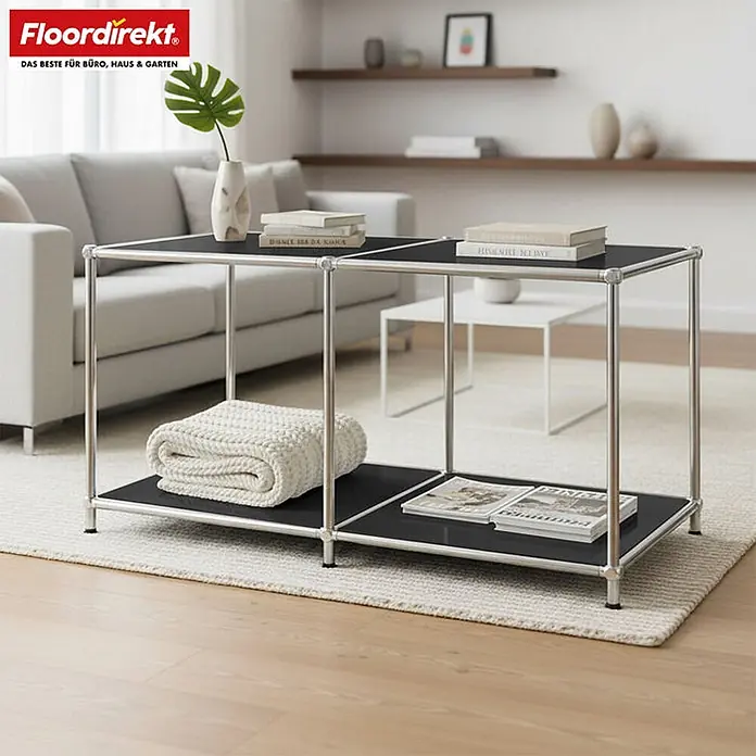Floordirekt Metallregal Concept Epure MK-016 Schwarz 78 x 40 x 46 cm -  - Modulares Couchtischregal mit schwarzen Ablagen und verchromtem Gestell, dekoriert mit Büchern und Decke.