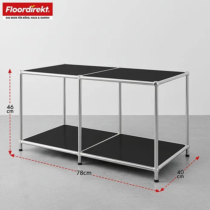 Floordirekt Metallregal Concept Epure MK-016 Schwarz 78 x 40 x 46 cm -  - Zweistöckiges Regal mit silbernem Metallrahmen und schwarzen Ablageflächen. Maße: 78x40x46 cm (BxTxH).