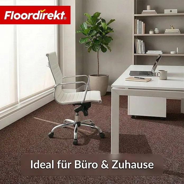 Floordirekt Teppichboden Meterware Malta - aus Nadelvlies - mit Schaumrücken - Dunkelbraun - 200 x 100 cm - Nadelfilz, Polypropylen, Dunkelbraun - Brauner melierter Teppichboden in einem Büroraum mit Schreibtisch und Stuhl. Geeignet für Büro & Zuhause.