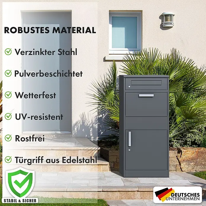 Floordirekt Paketbox Francois mit Briefkasten Paketkasten mit Anthrazit -  - Dunkelgrauer robuster Briefkasten aus verzinktem, pulverbeschichtetem Stahl mit Edelstahlgriff, vor einem Hauseingang stehend.