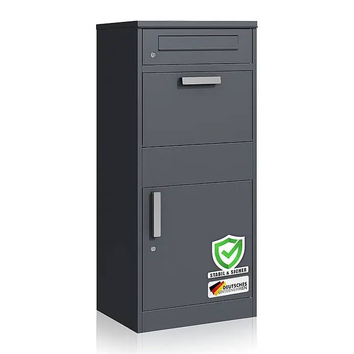 Floordirekt Paketbox Francois mit Briefkasten Paketkasten mit Anthrazit -  - Dunkelgraue Metall-Paketbox mit Briefschlitz, Fach, abschließbarer Tür und Aufklebern.
