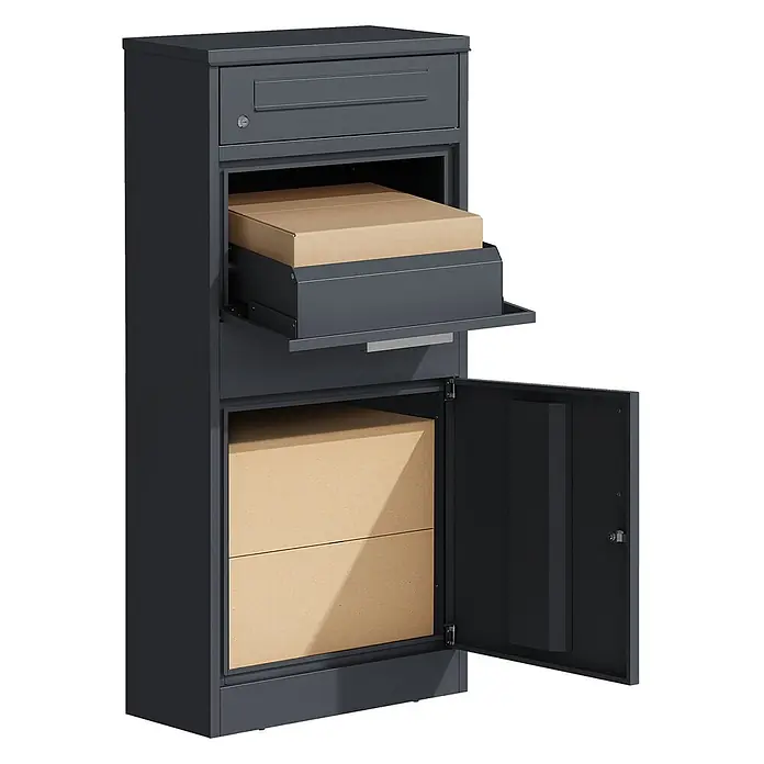 Floordirekt Paketbox Francois mit Briefkasten Paketkasten mit Anthrazit -  - Dunkelgraue Paketbox aus Metall mit Briefschlitz. Eine ausziehbare Ablage enthält ein Paket, weitere Pakete sind im Hauptfach sichtbar.