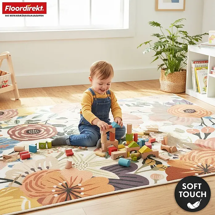 Floordirekt Kurzflorteppich Fleur 160 x 230 cm - Multicolor - Ein lächelndes Baby spielt mit Holzklötzen auf einem weichen, geblümten Teppich im Wohnzimmer.