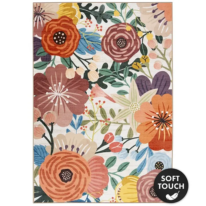 Floordirekt Kurzflorteppich Fleur 160 x 230 cm - Multicolor - Rechteckiger Teppich mit einem lebendigen, illustrativen Blumenmuster in Orange, Rot, Rosa, Gelb und Grün auf hellem Hintergrund.