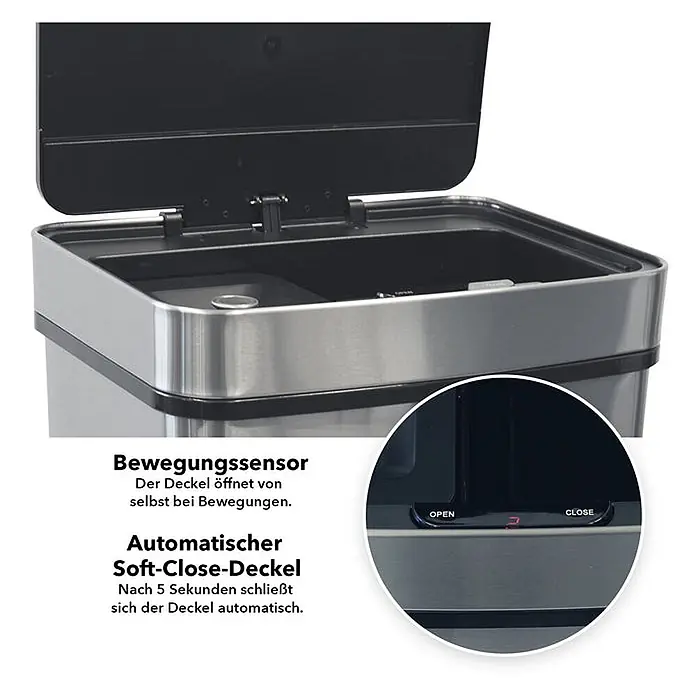 Floordirekt Mülleimer Dirk aus Edelstahl mit Bewegungssensor 62 Liter -  - Edelstahl-Mülleimer mit offenem schwarzem Deckel, Bewegungssensor, Soft-Close-Funktion und elektronischem Bedienfeld mit „OPEN“/„CLOSE“-Tasten.
