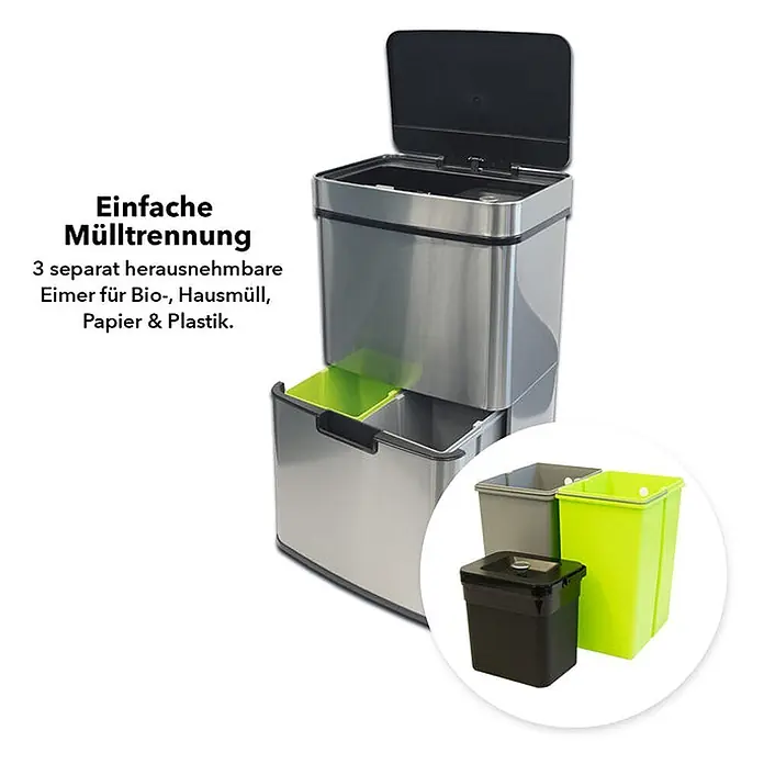 Floordirekt Mülleimer Dirk aus Edelstahl mit Bewegungssensor 62 Liter -  - Edelstahl Mülleimer mit 3 Fächern und herausnehmbaren, farbigen Einsätzen zur Mülltrennung.