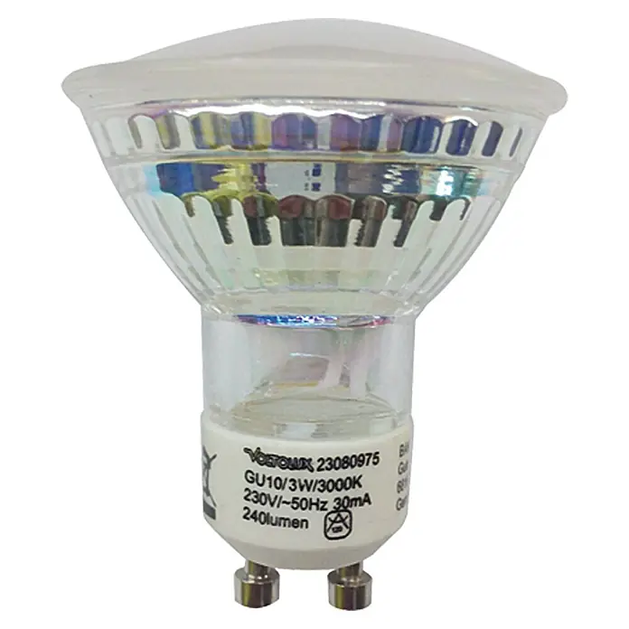 Voltolux Bombilla LED - GU10, No regulable, Blanco cálido, 240 lm, 3 W, 2 ud. - Imagen de una lámpara LED Voltomatix GU10 de 3W y 3000K, que ofrece 240 lúmenes de salida de luz, ideal para la iluminación de acento.