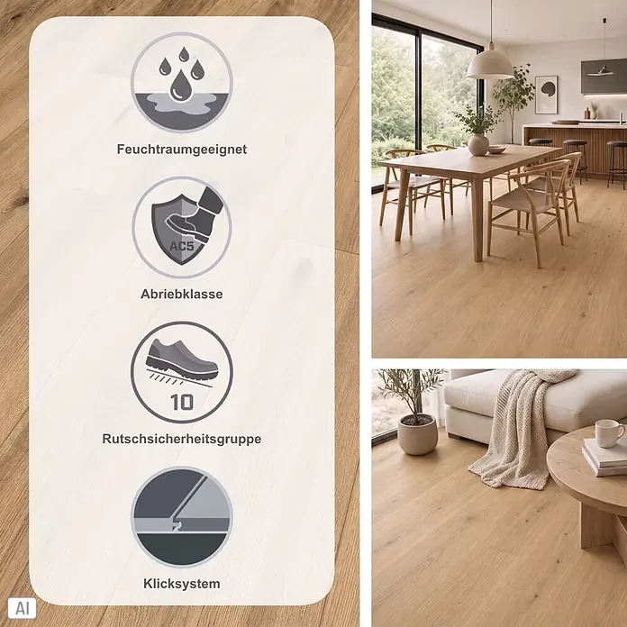 Classen Designboden Pro Nature - Soacha, Landhausdiele, 1.290 x 246 x 4 mm - Helle Eichenlaminatböden mit Feuchtraumeignung, Abriebklasse AC5, Rutschfestigkeit und Klicksystem. Präsentiert in modernen Wohnbereichen.