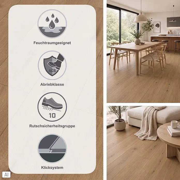 Classen Designboden Pro Nature - Barrow, Landhausdiele, 1.290 x 203 x 4 mm - Hellbrauner Holzboden mit Wasserschutz, AC5 Abriebklasse, Rutschsicherheitsgruppe 10 und Klicksystem.
