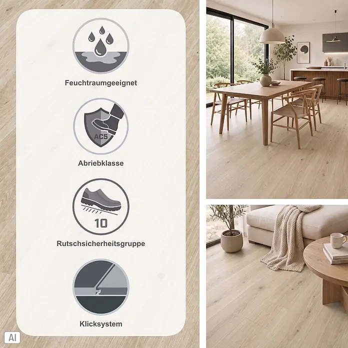 Classen Designboden Pro Nature - Slaney, Landhausdiele, 1.290 x 203 x 4 mm - Heller Holzboden in modernem Wohnbereich, mit Icons für Feuchtraumeignung, Abriebklasse AC5, Rutschsicherheit 10 und Klicksystem.