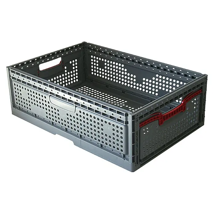 BAUHAUS Eurobox Faltbar - 39 l, L x B x H: 60 x 40 x 20 cm - Klappbox aus Kunststoff in Grau mit roten Griffen und vielen Löchern für den Transport und die Lagerung von Gegenständen.